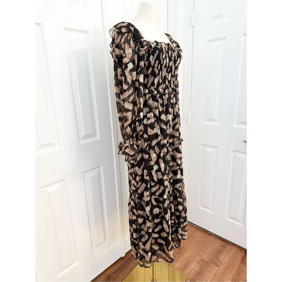 Moon River Womens Black Beige Print Smocked Midi Dress Small - Picture 2 of 6
